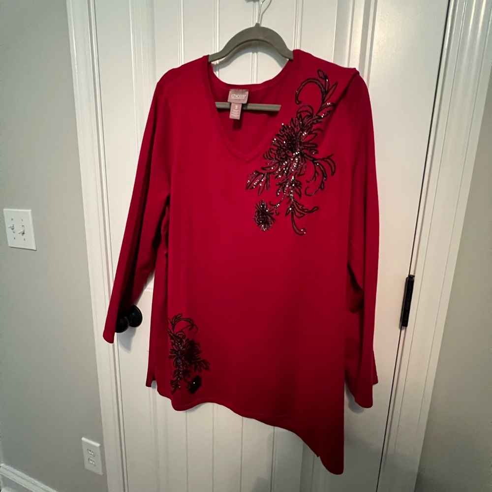 Chico's Deep Red Floral Embellished SweaterTunic